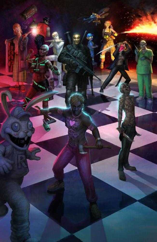 Illustration of various characters on a checkered floor with a dark, dramatic background.