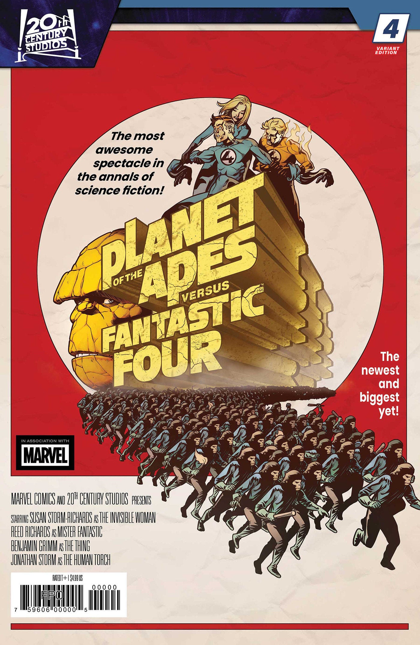 Comic book cover of 'Planet Of The Apes vs. Fantastic Four #4 Pere Perez Movie Homage Variant'