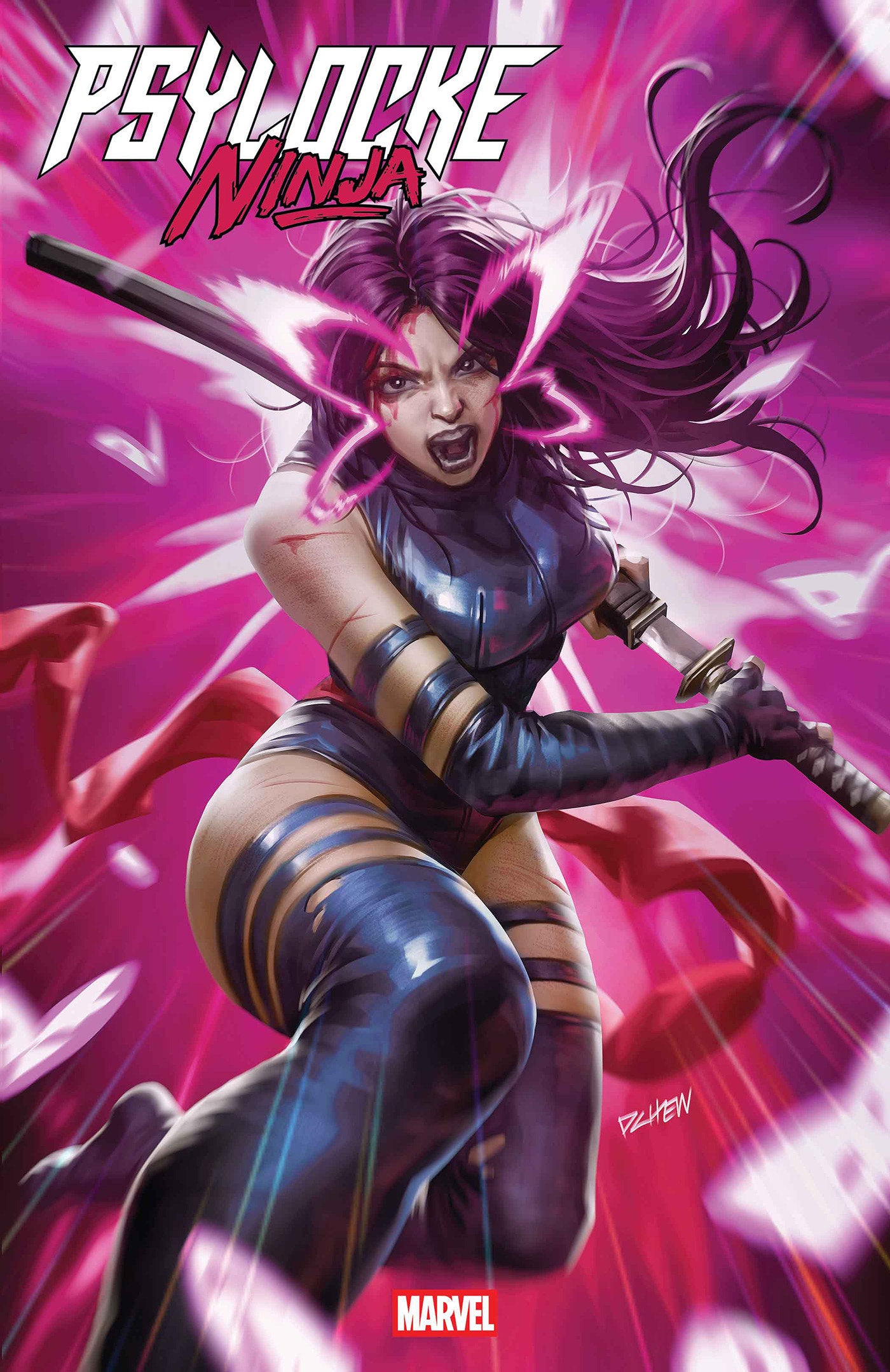 Comic book cover featuring a character in a dynamic pose with a pink and purple background.