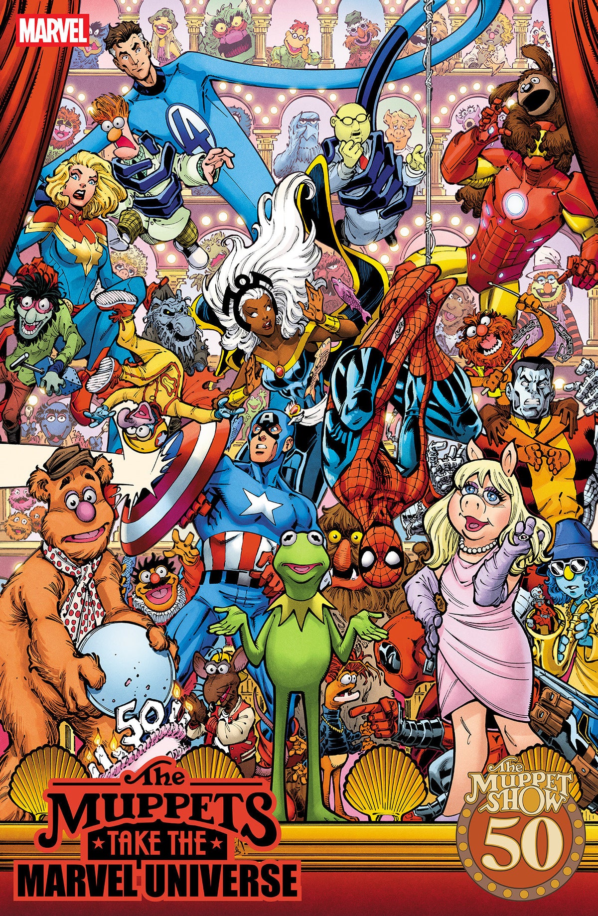 Comic book cover of 'Muppets Take The Marvel Universe #1 Todd Nauck Muppet Show Homage Variant'