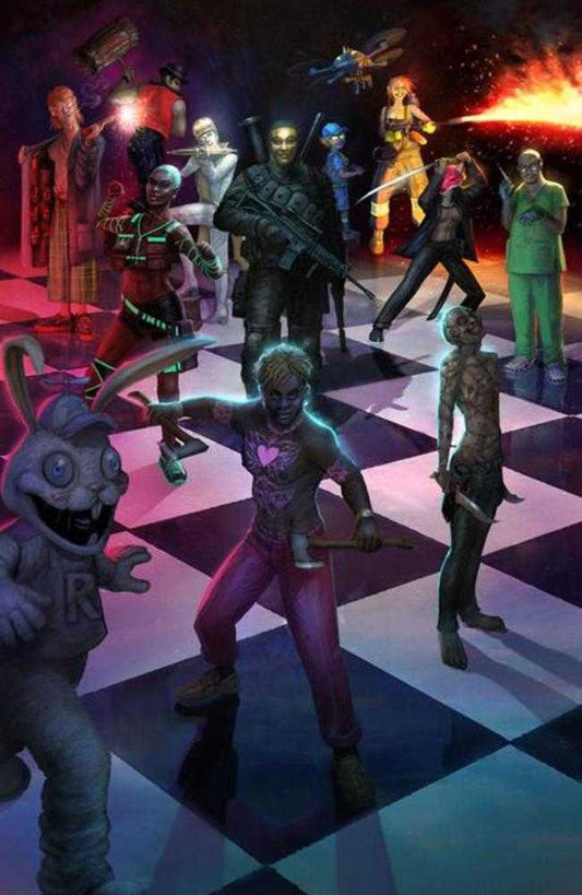 Illustration of various characters on a checkered floor with a dark, dramatic background.