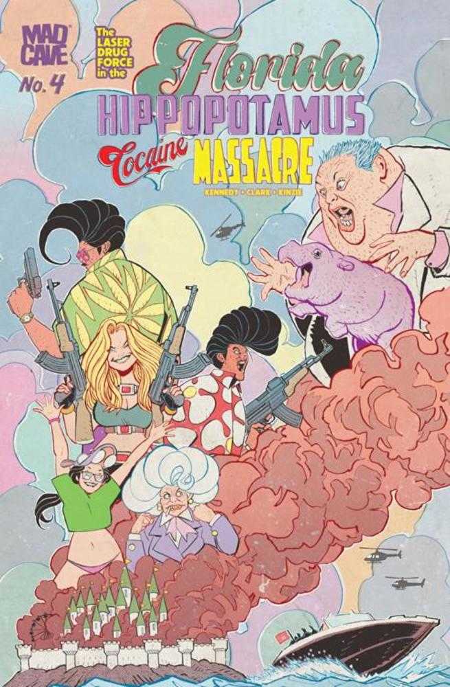 Comic book cover with colorful characters and text, featuring a hippopotamus and cocaine theme.