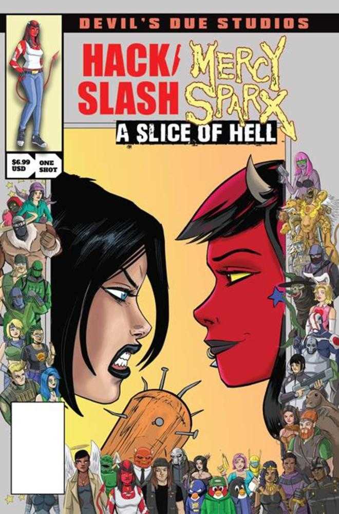 Comic book cover of 'Devils Due Presents Hack Slash Mercy Sparx #1 (One Shot) Cover B Tim Seeley Josh Blaylock Homage Variant (Mature) PRESALE 8/26'