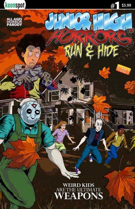 Comic book cover of 'Junior High Horrors Run & Hide #1 (One Shot) Cover A Eric Kent Weapons Spoof Bagged With Trading Card'