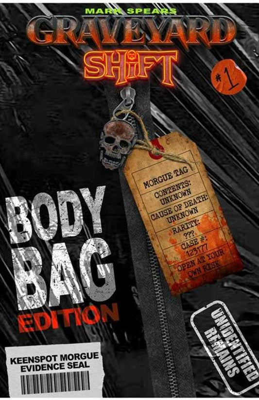 Comic book cover of 'Mark Spears Graveyard Shift #1 Cover D Mark Spears Body Bag Edition Blind Bag With Bonus Trading Card Variant'