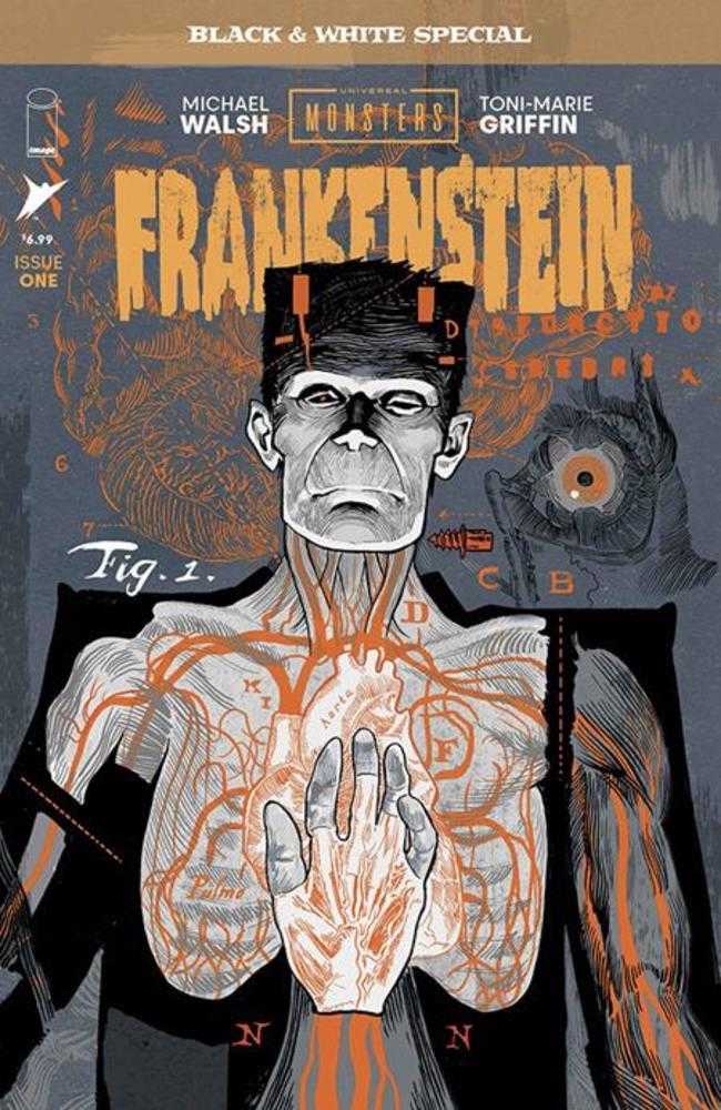 Comic book cover of 'Universal Monsters Frankenstein Black & White Special #1 (Of 2) Cover A Michael Walsh'