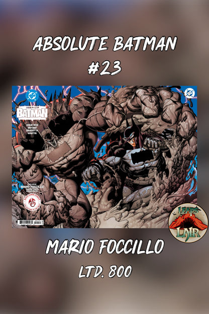 Absolute Batman #23 Mario Foccillo exclusive wraparound variant cover — Batman battling Clayface across the full front and back cover, blue background