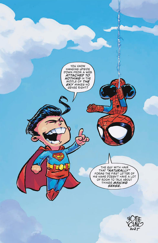 Comic book cover of 'Marvel/DC: Spider-Man/Superman #1 Skottie Young Full Art Variant'