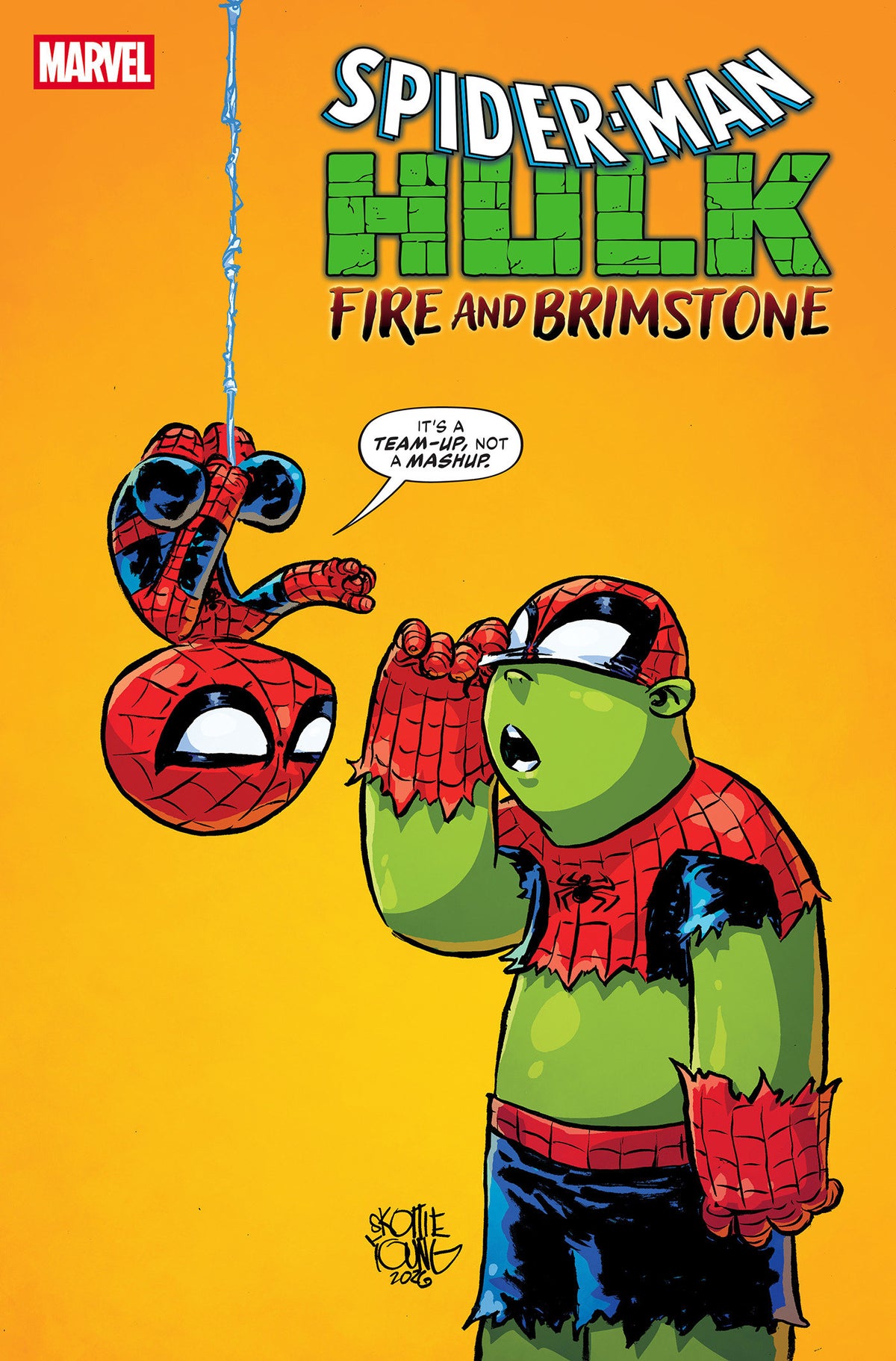Comic book cover of 'Spider-Man/Hulk: Fire And Brimstone #1 Skottie Young Variant'