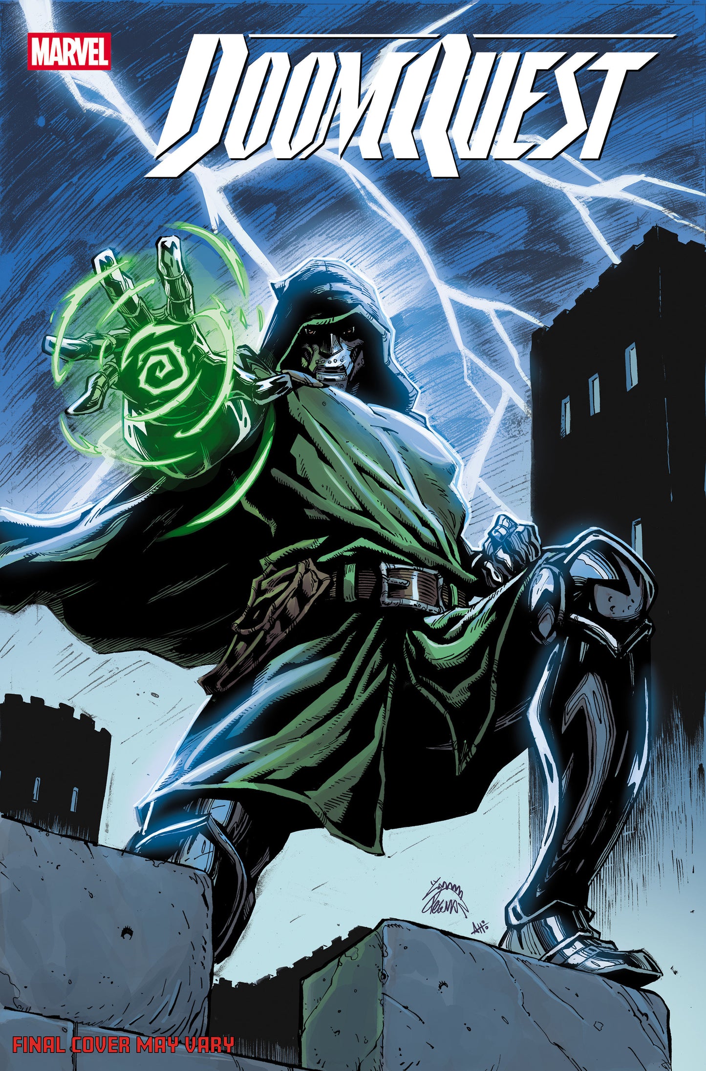 Comic book cover featuring a character in a green cloak with a glowing emblem, set against a dark sky.