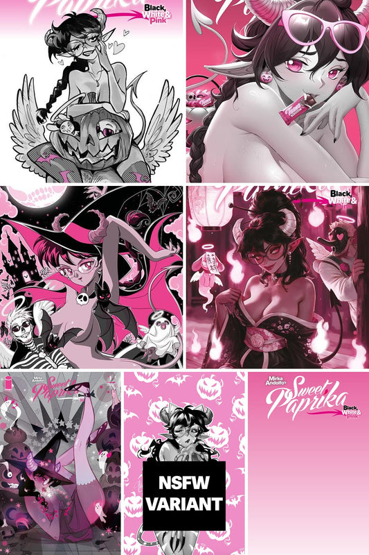 Andolfo's Sweet Paprika Black White & Pink Halloween Special #1 cover collage