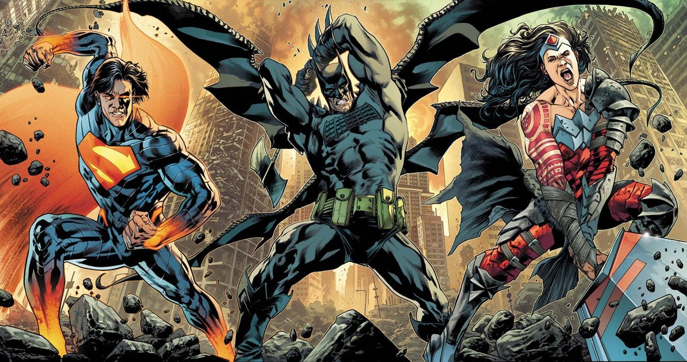 Absolute Universe #25 Bryan Hitch connecting cover triptych — Absolute Superman, Absolute Batman and Absolute Wonder Woman #25 Cover D joined into one image