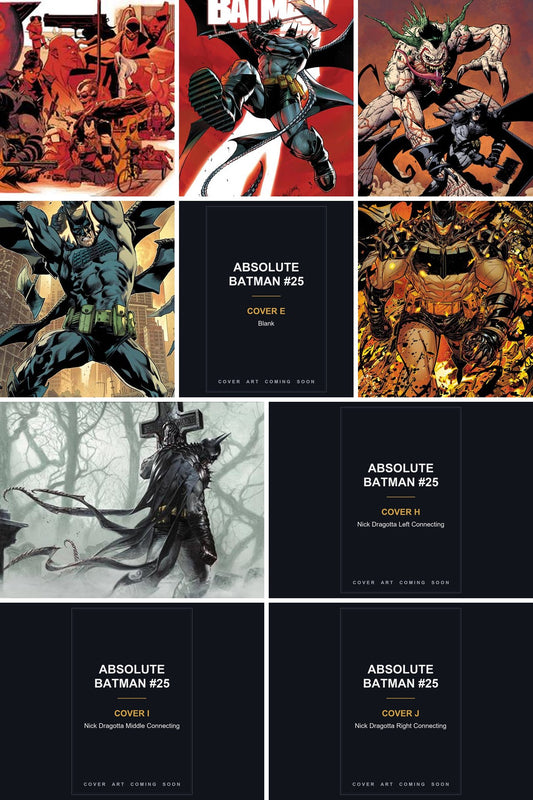 Absolute Batman #25 cover collage — Covers E, H, I & J art coming soon