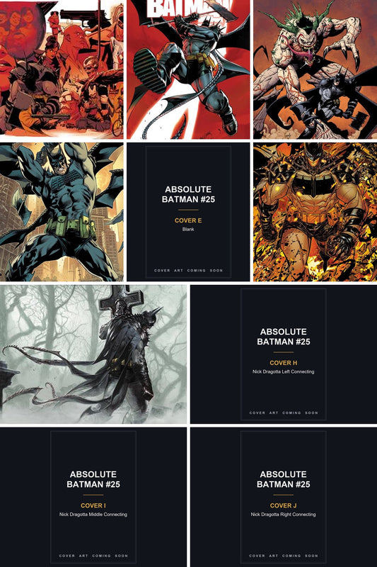 Absolute Batman #25 cover collage — Covers E, H, I & J art coming soon
