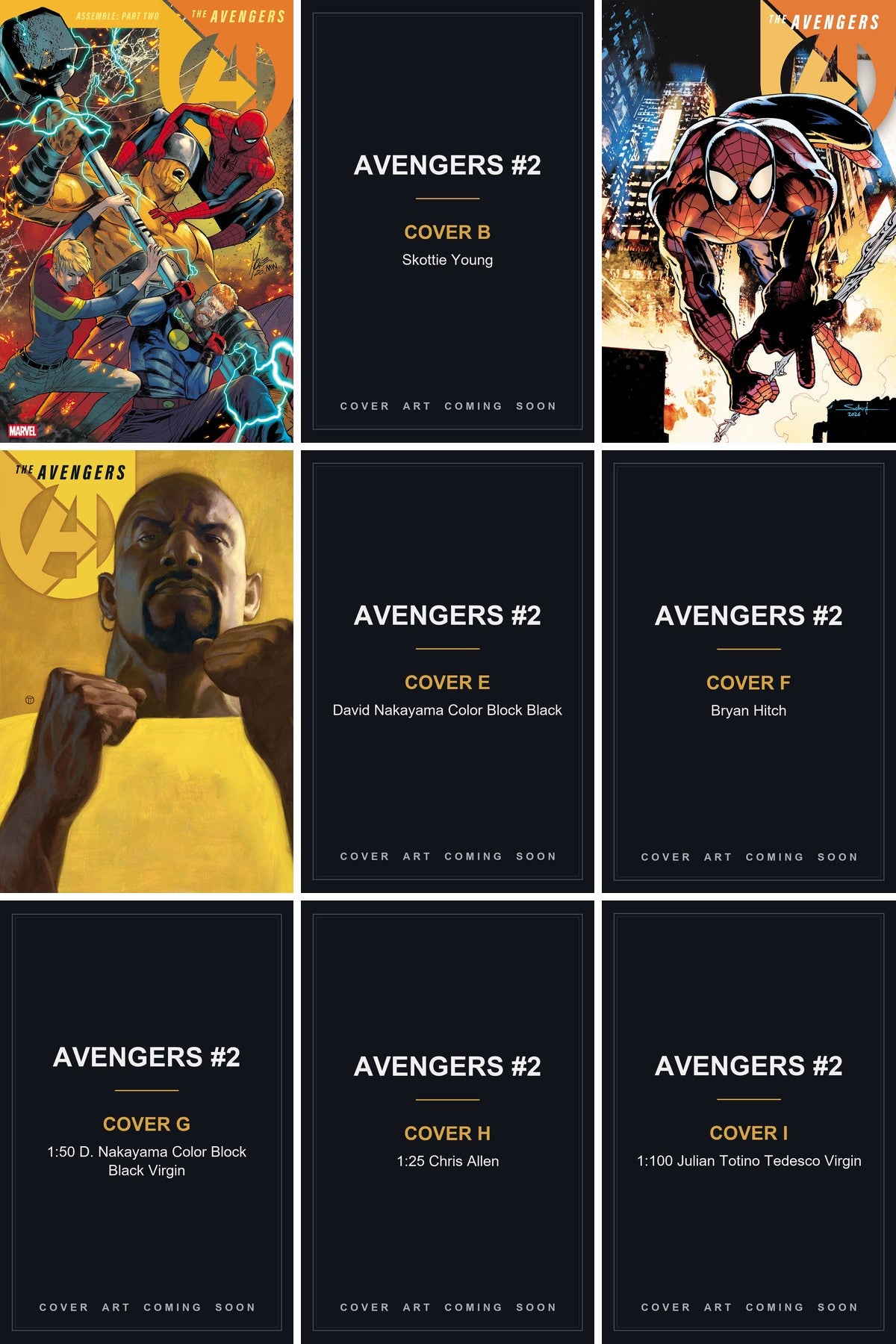 Avengers #2 cover collage - Covers B, E, F, G, H & I art coming soon