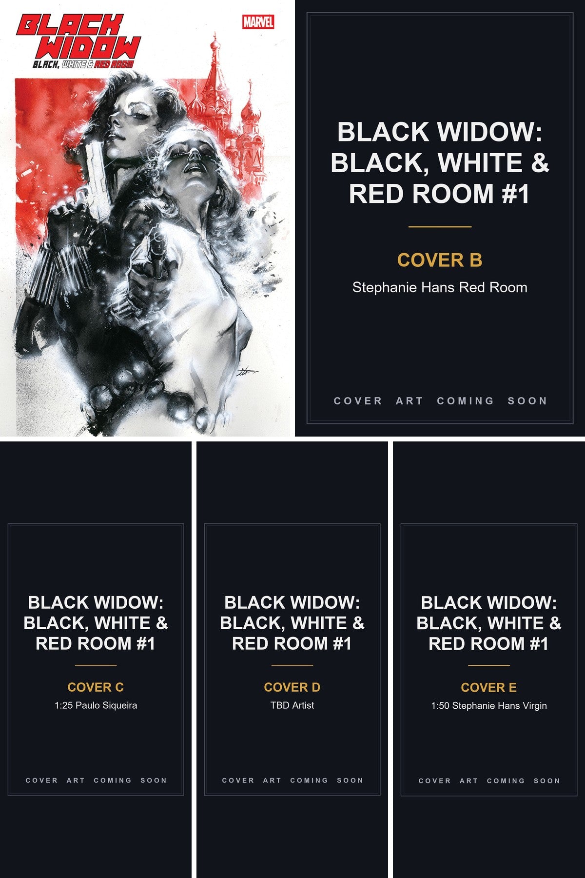 Black Widow: Black, White & Red Room #1 cover collage - Covers B, C, D & E art coming soon