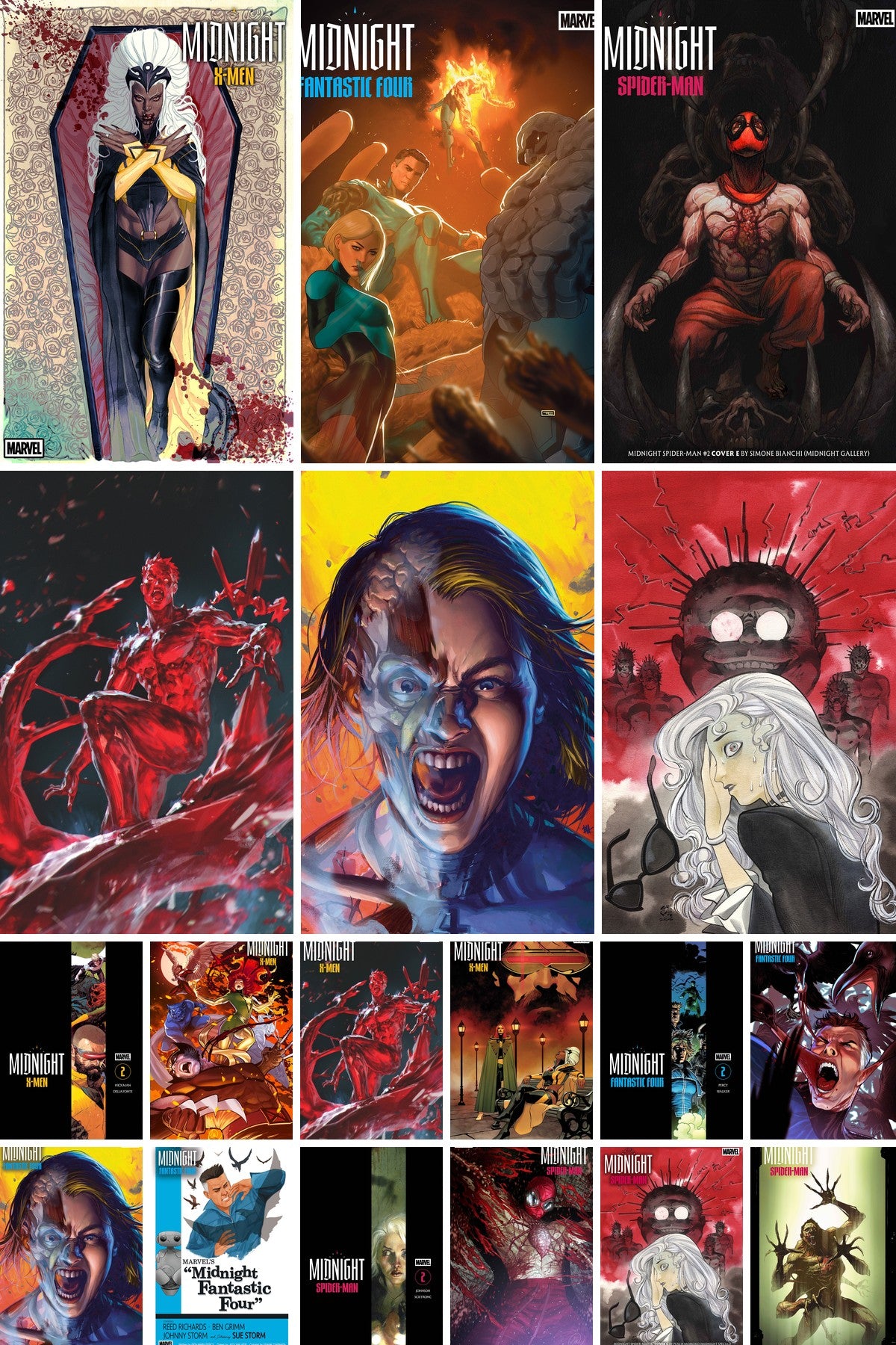 Marvel Midnight Universe #2 Ultimate Pack collage - six ratio incentives large, twelve open covers below
