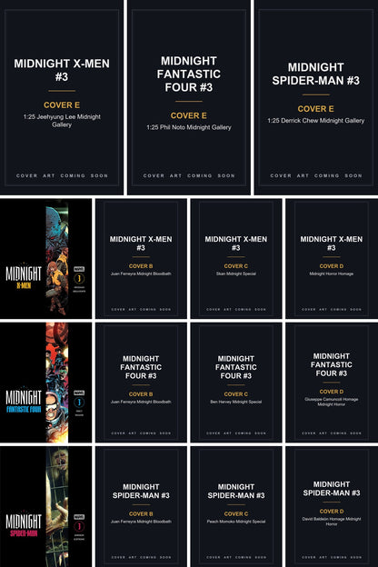 Marvel Midnight Universe #3 Ultimate Pack collage - three ratio incentives large, twelve open covers below
