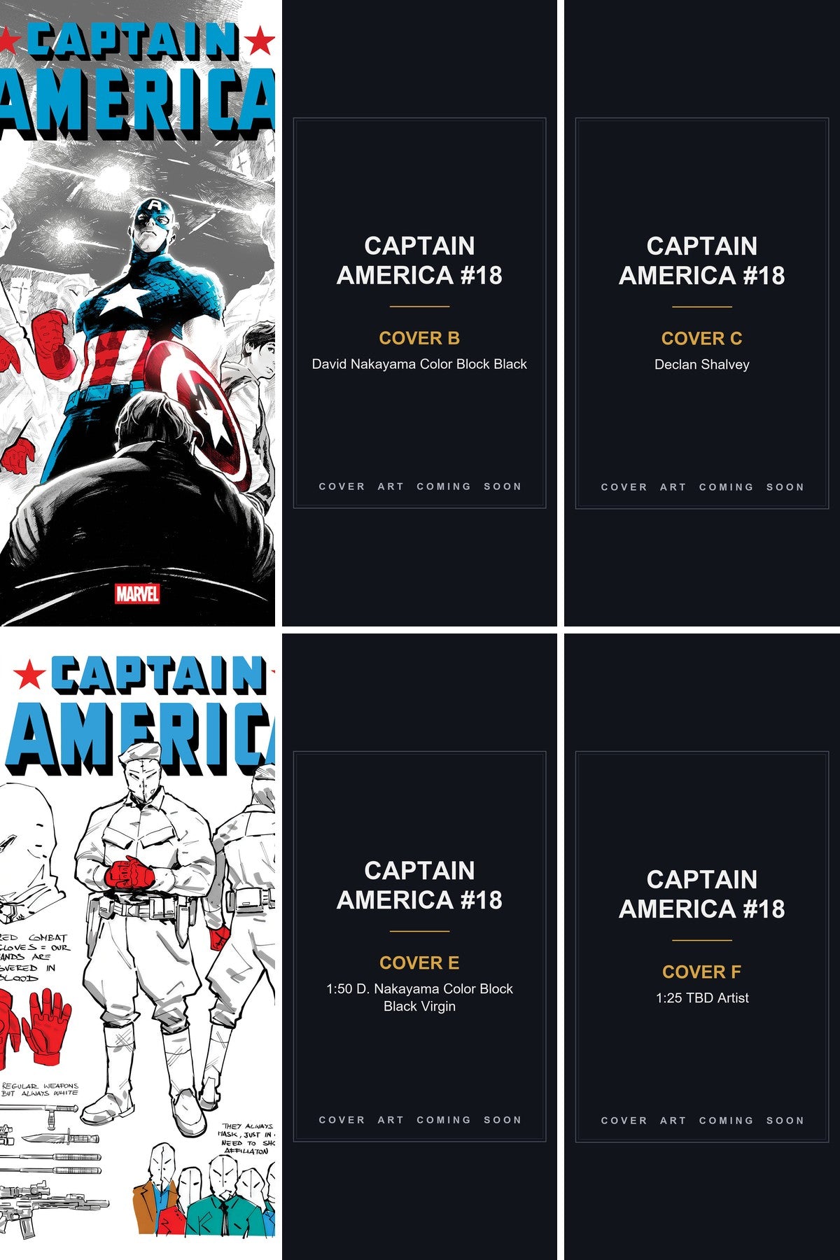 Captain America #18 cover collage - Covers B, C, E & F art coming soon