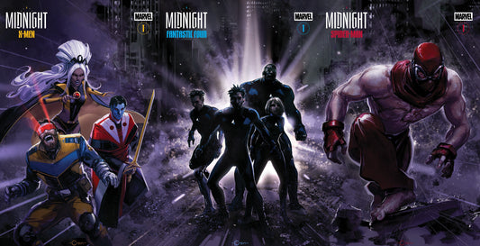 Marvel Midnight Universe #1 Clayton Crain connecting cover triptych — Midnight X-Men, Midnight Fantastic Four and Midnight Spider-Man Cover F joined into one image