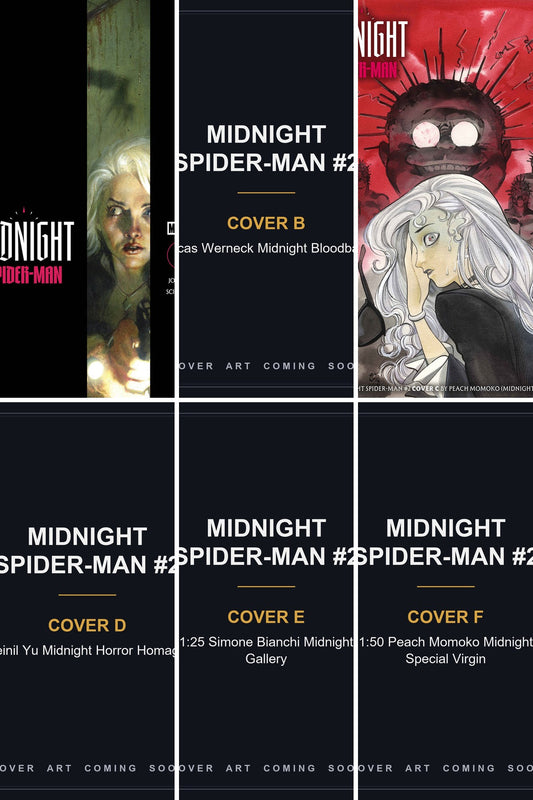 Midnight Spider-Man #2 cover collage — Covers B, D, E & F art coming soon