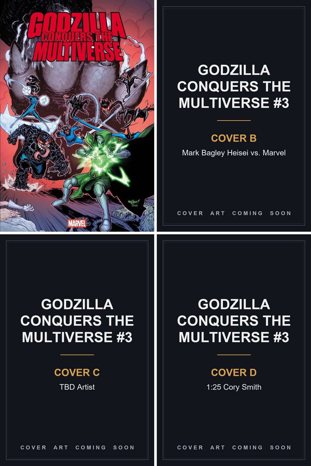Godzilla Conquers the Multiverse #3 cover collage — Covers B, C & D art coming soon