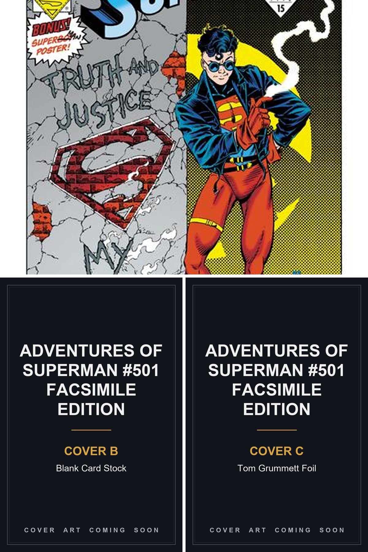 Adventures of Superman #501 Facsimile Edition cover collage — Covers B & C art coming soon