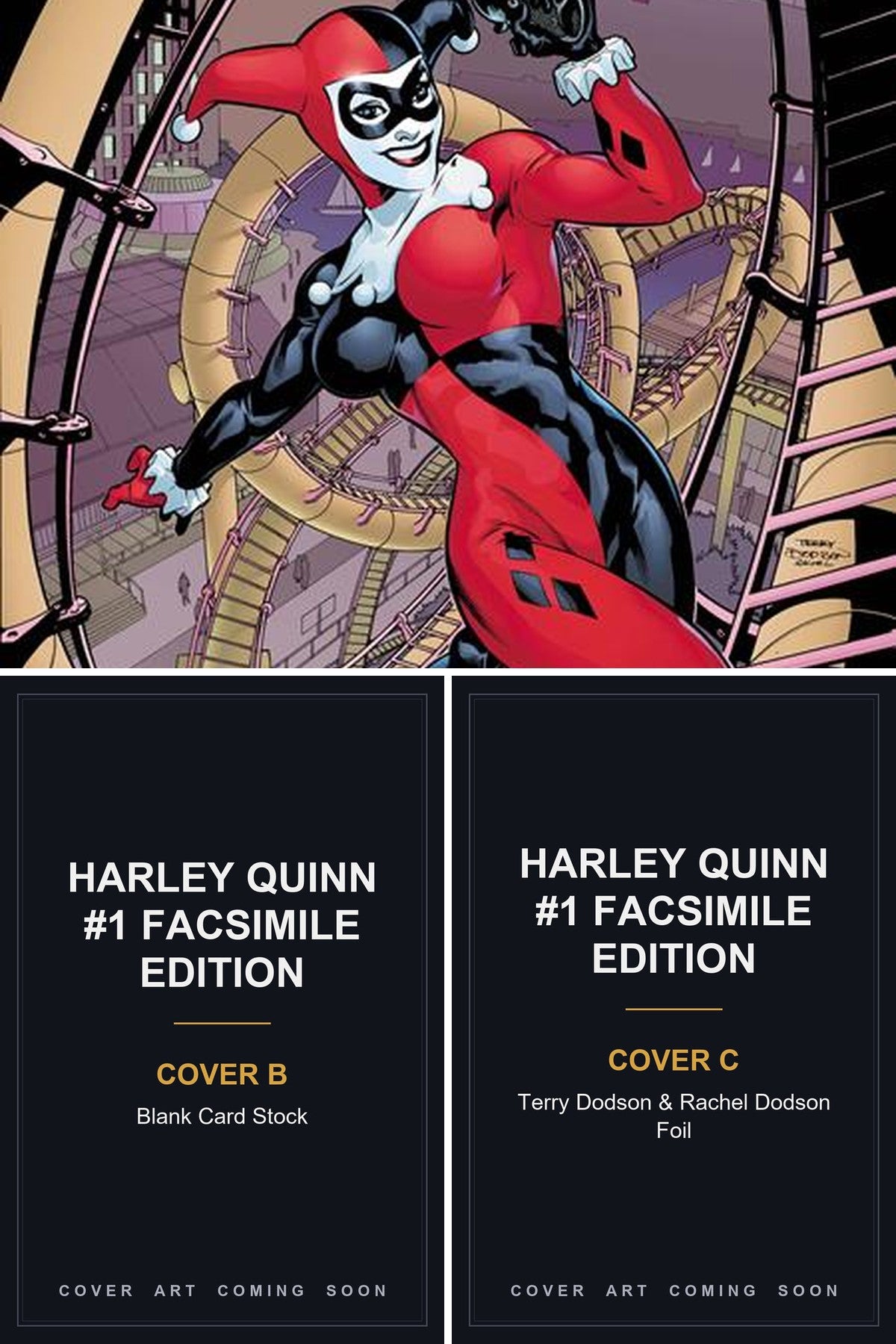 Harley Quinn #1 Facsimile Edition cover collage — Covers B & C art coming soon