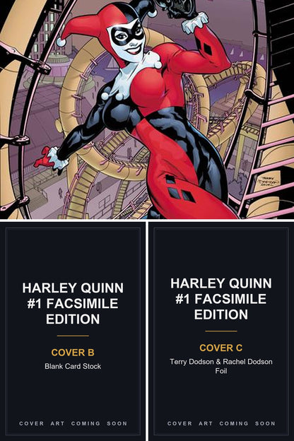 Harley Quinn #1 Facsimile Edition cover collage — Covers B & C art coming soon