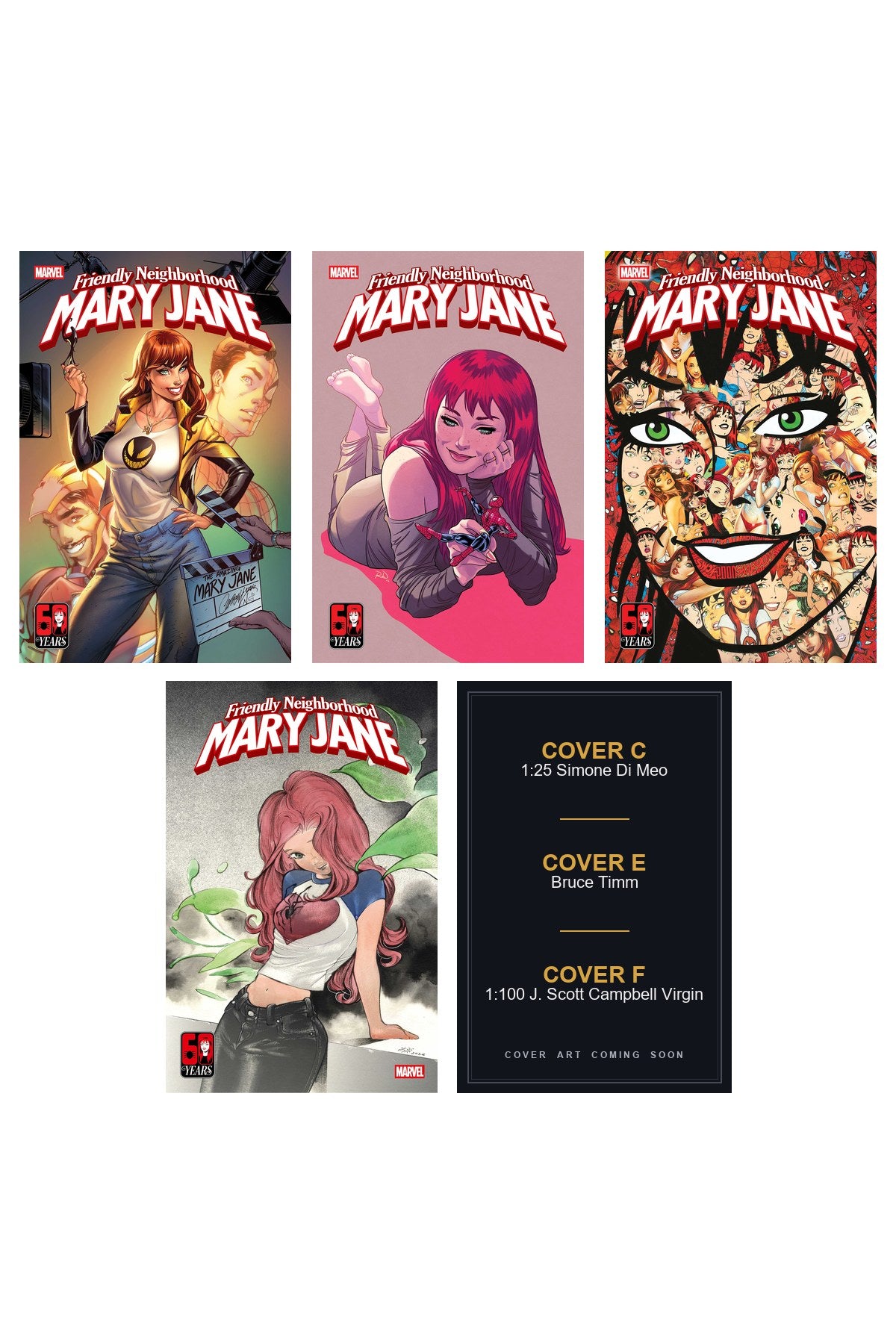 Friendly Neighborhood Mary Jane #1 cover collage — Covers C, E & F art coming soon