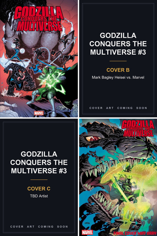 Godzilla Conquers the Multiverse #3 cover collage — Covers B & C art coming soon