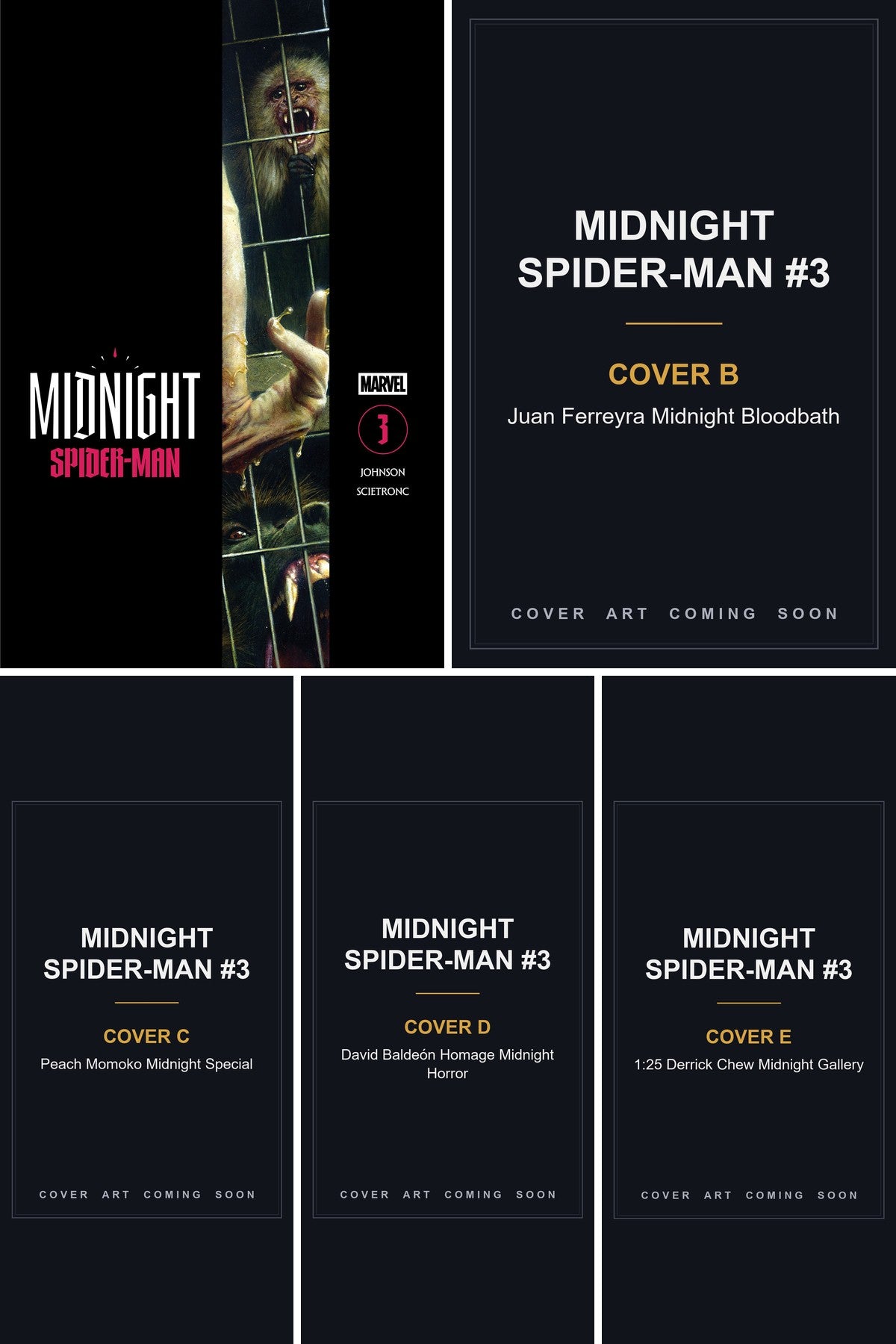 Midnight Spider-Man #3 cover collage - Covers B, C, D & E art coming soon