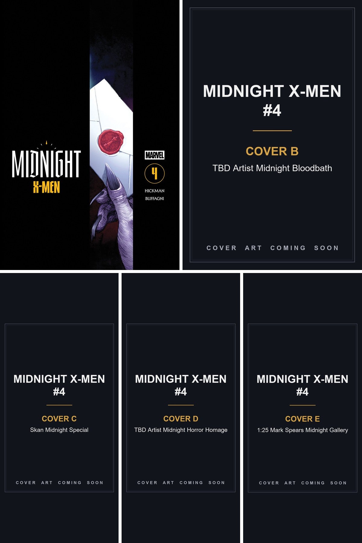 Midnight X-Men #4 cover collage - Covers B, C, D & E art coming soon