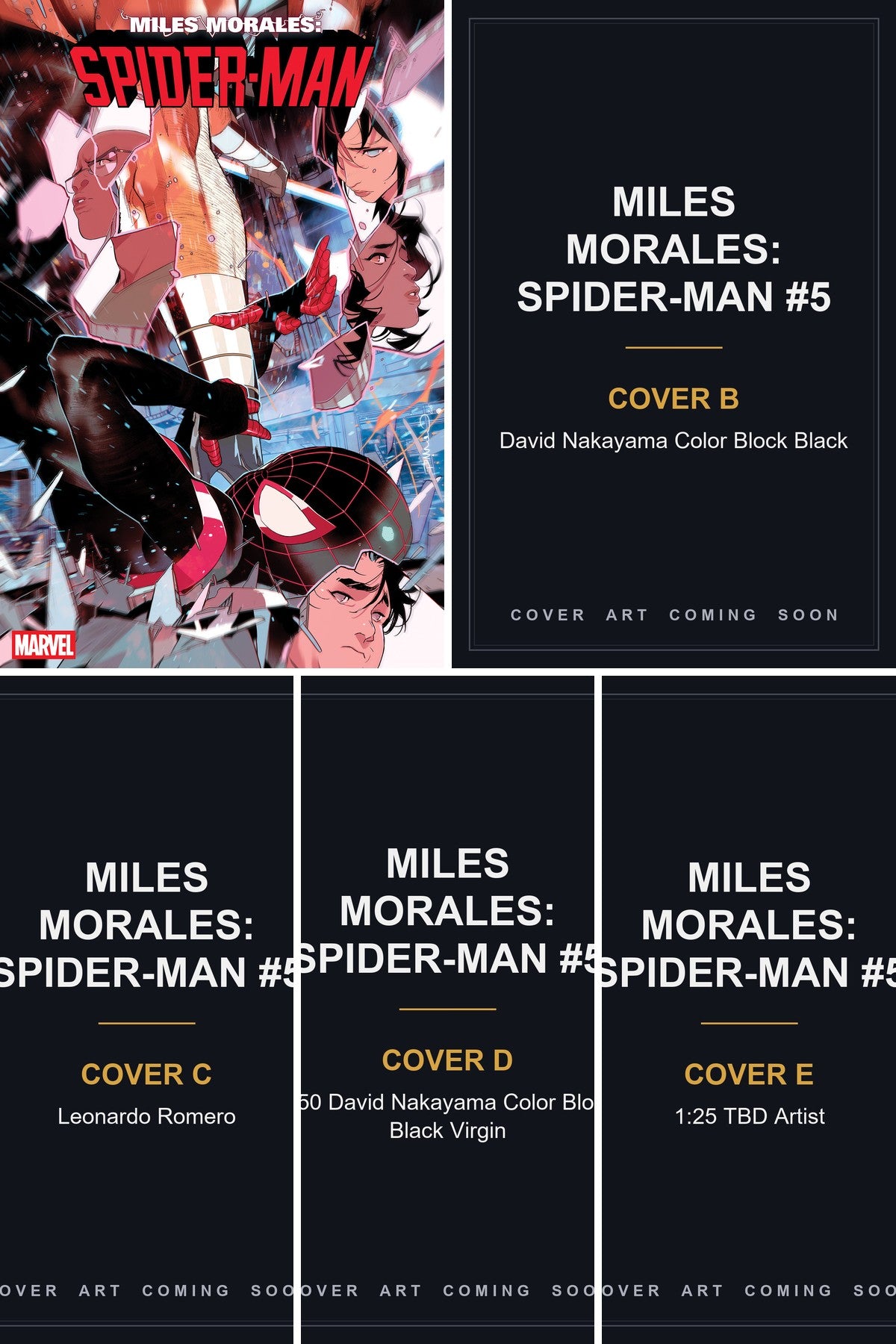 Miles Morales: Spider-Man #5 cover collage — Covers B, C, D & E art coming soon