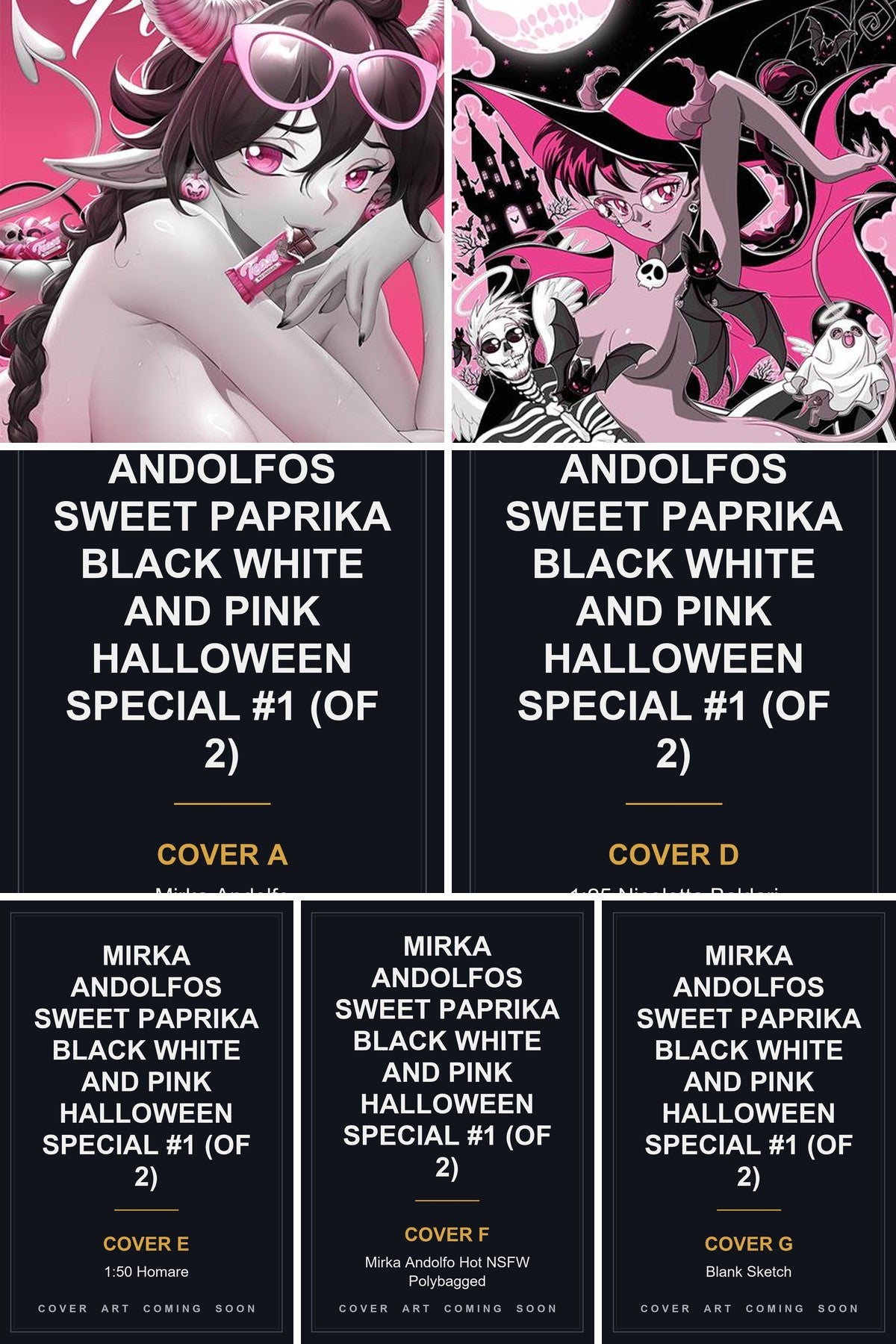 Mirka Andolfos Sweet Paprika Black White And Pink Halloween Special #1 (Of 2) cover collage - Covers A, D, E, F & G art coming soon