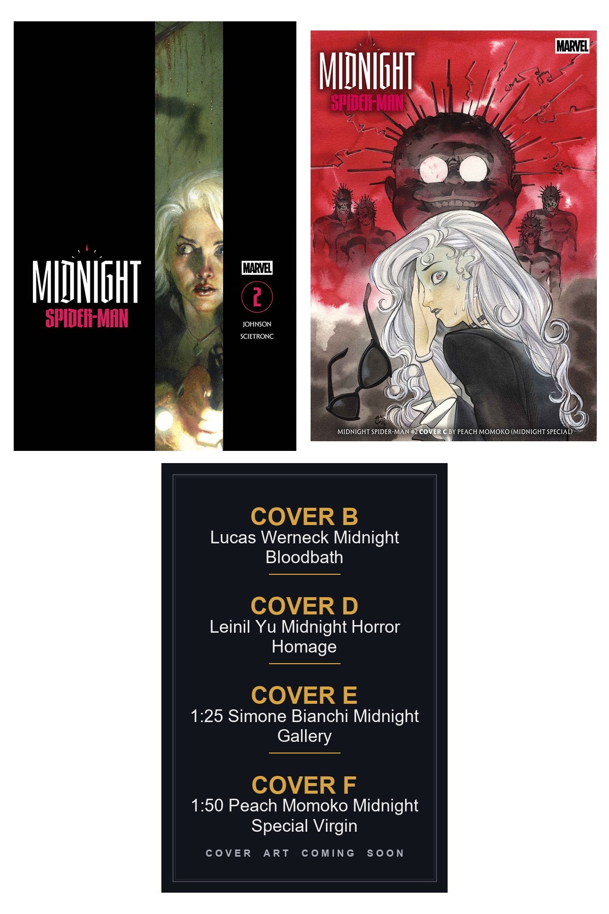 Midnight Spider-Man #2 cover collage — Covers B, D, E & F art coming soon