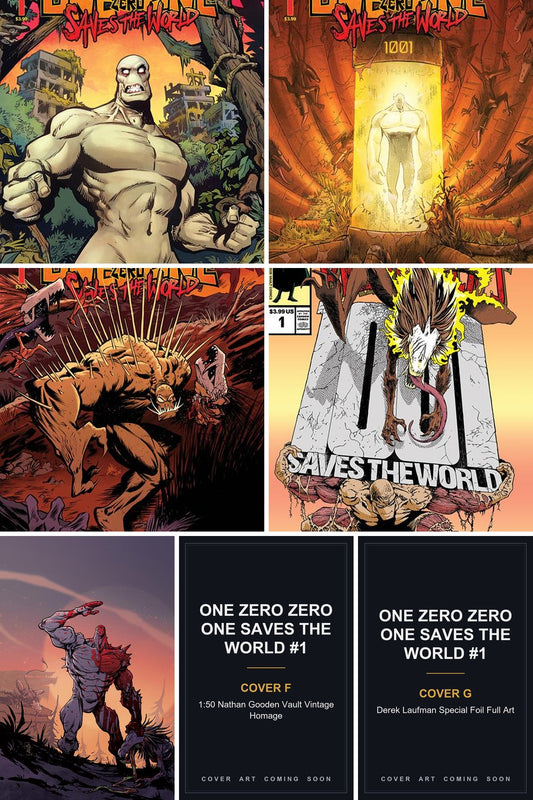 One Zero Zero One Saves the World #1 cover collage — Covers F & G art coming soon
