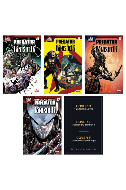 Predator vs. Punisher #1 cover collage — Covers C, E & F art coming soon