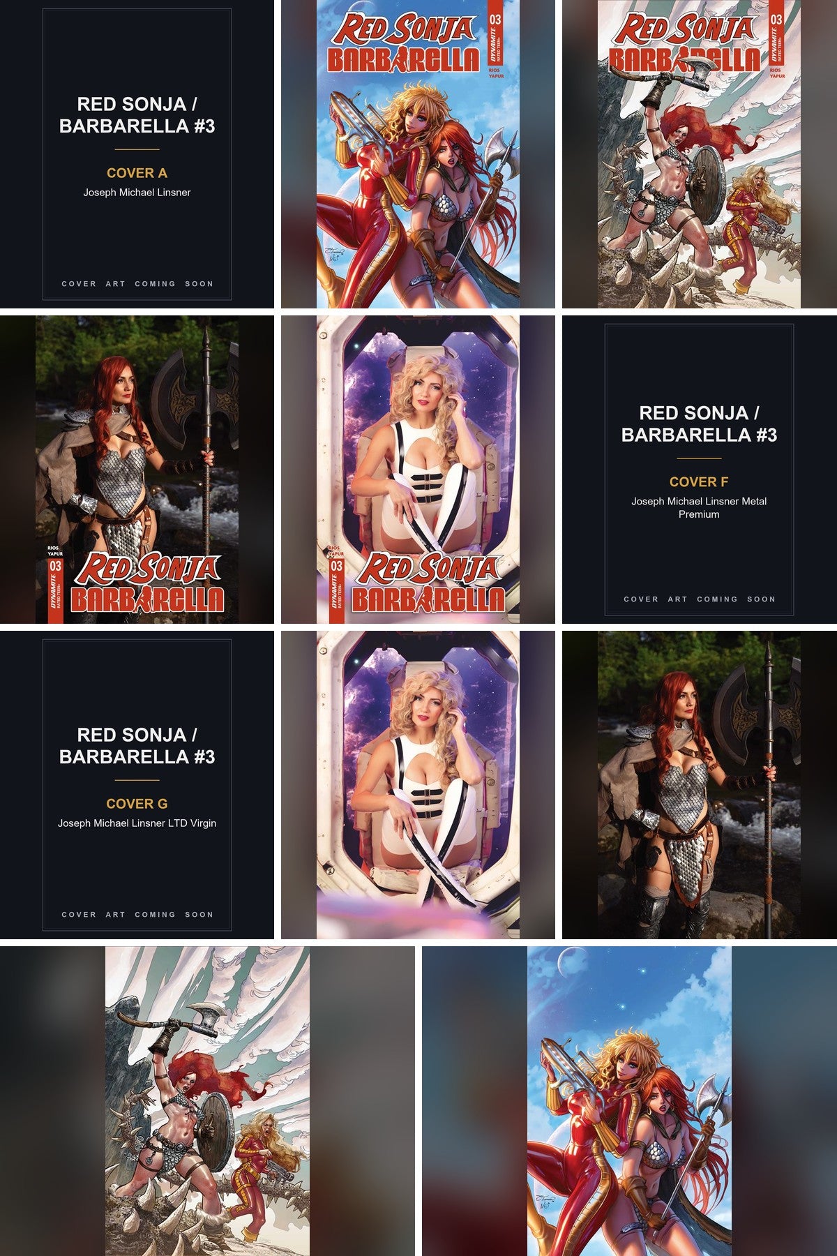 Red Sonja / Barbarella #3 cover collage - Covers A, F & G art coming soon