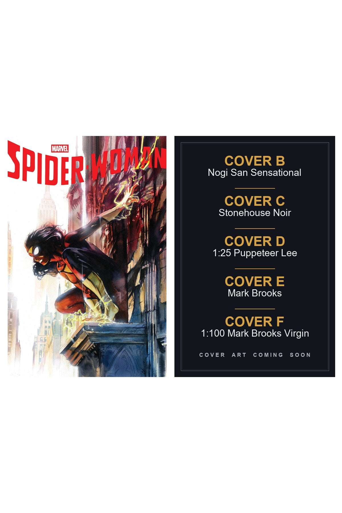 Spider-Woman #1 cover collage — Covers B, C, D, E & F art coming soon