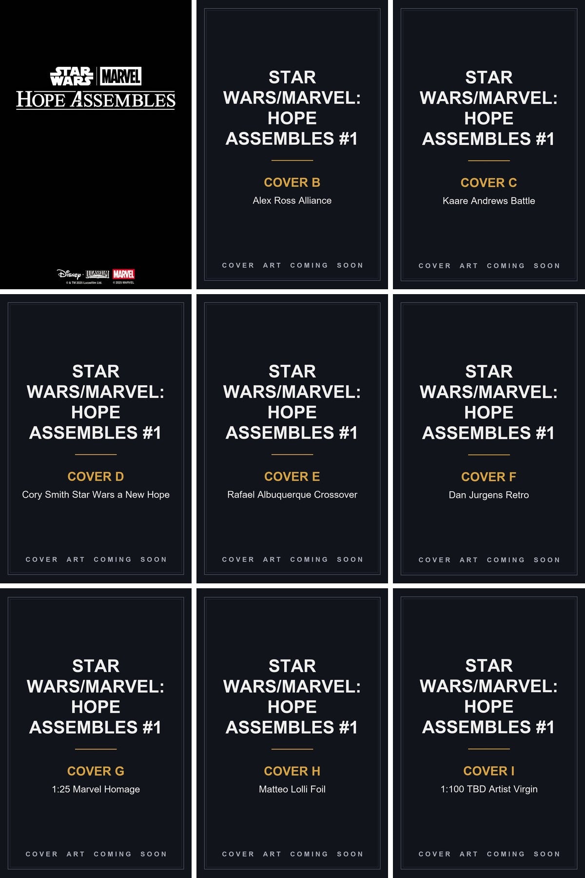 Star Wars/Marvel: Hope Assembles #1 cover collage - Covers B, C, D, E, F, G, H & I art coming soon