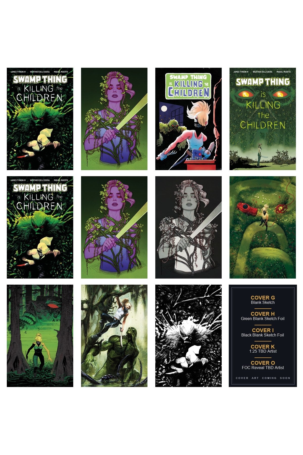 Swamp Thing is Killing the Children #1 cover collage — Covers G, H, I, K & O art coming soon