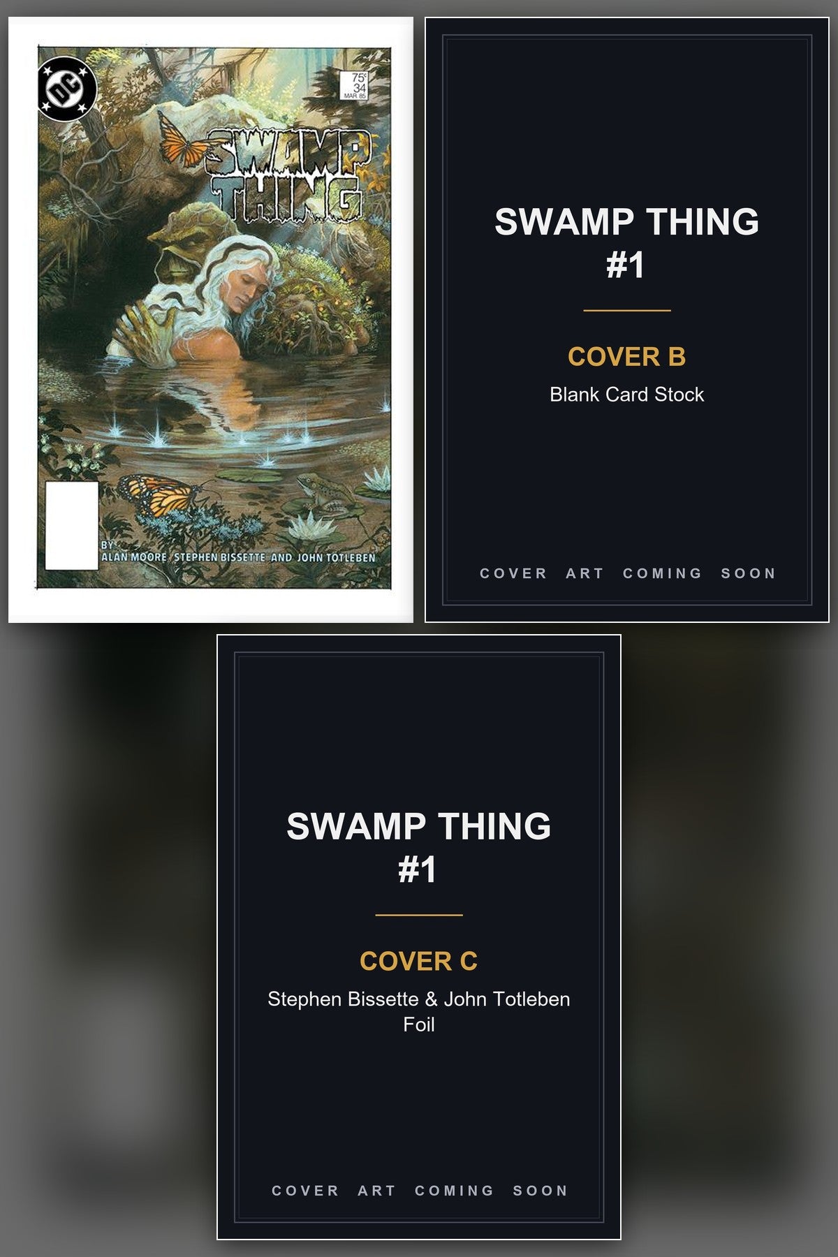 Swamp Thing #1 cover collage - Covers B & C art coming soon