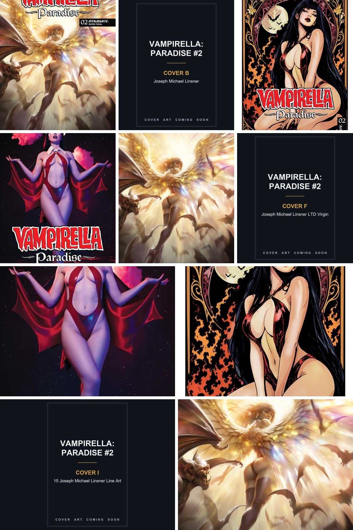 Vampirella: Paradise #2 cover collage - Covers B, F & I art coming soon