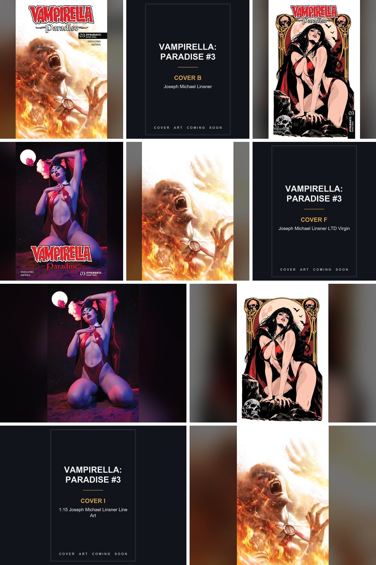 Vampirella: Paradise #3 cover collage - Covers B, F & I art coming soon
