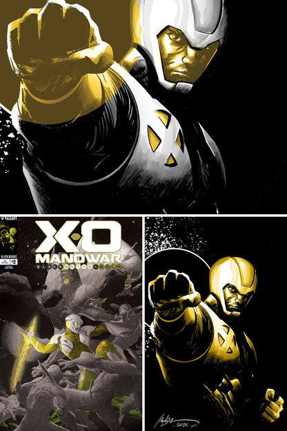 X-O Manowar: Black, White & Gold #2 cover collage