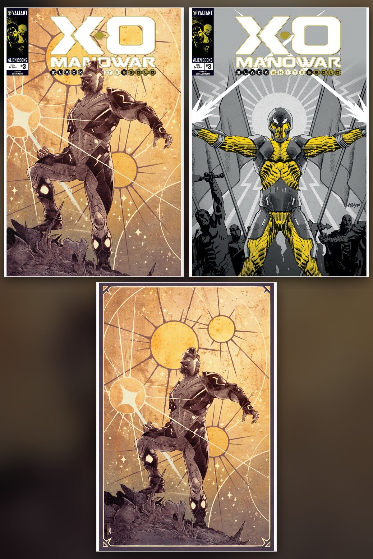 X-O Manowar: Black, White & Gold #3 cover collage