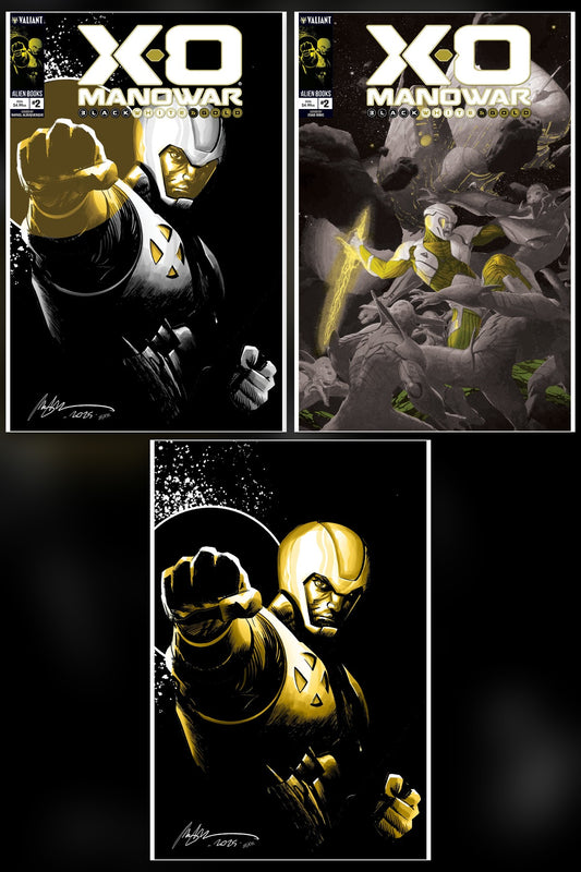 X-O Manowar: Black, White & Gold #2 cover collage
