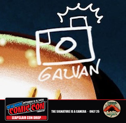 Close-up of the hand-drawn camera remarque signature on the signed edition - only 25 - LeapsLair NYCC Con Drop