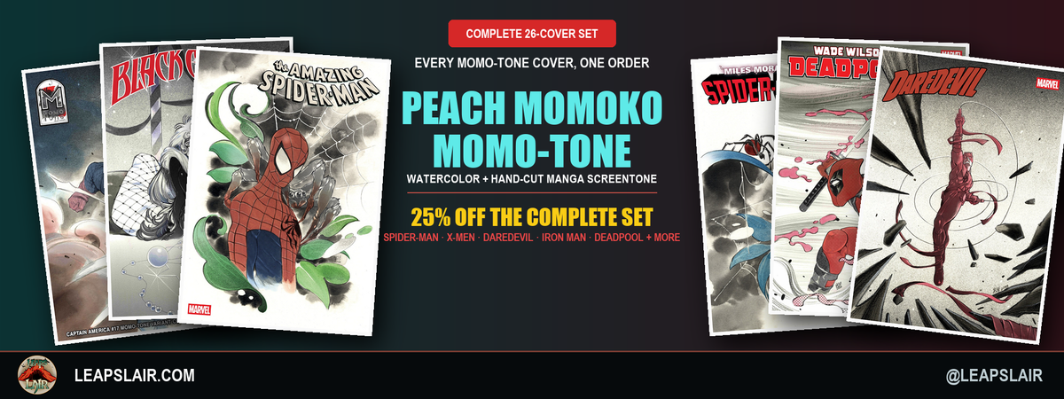 Peach Momoko Momo-Tone complete 26-cover set: every Momo-Tone variant cover across Spider-Man, X-Men, Daredevil, Iron Man, Deadpool and more, 25% off the complete set